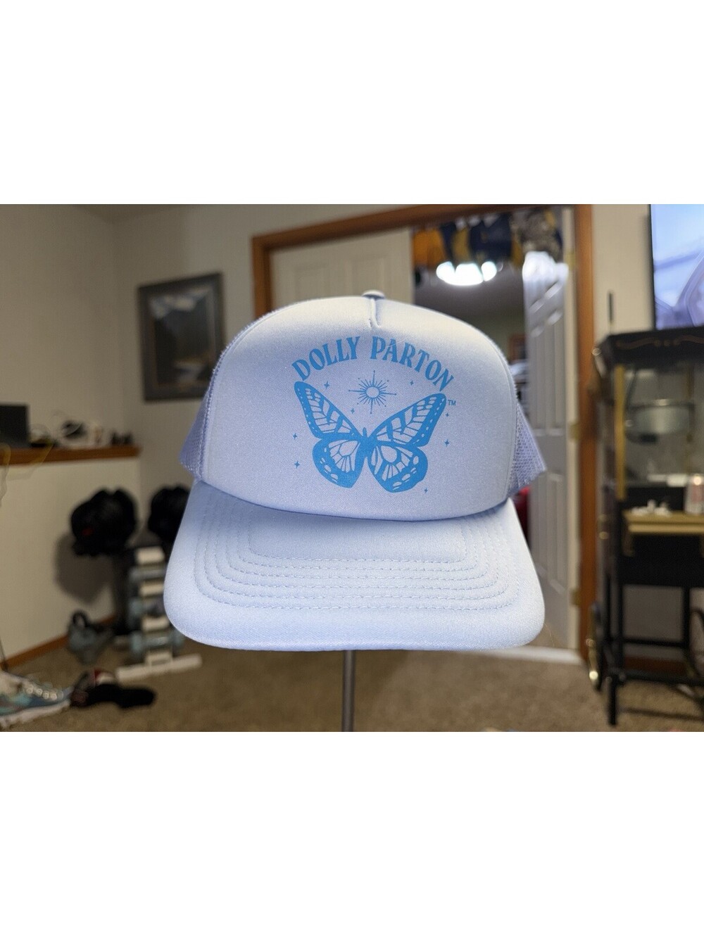 Dolly Parton Light Blue Butterfly Retro Trucker Hat Mesh